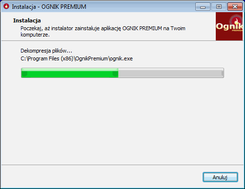 Instalacja programu Ognik Premium - postęp instalacji