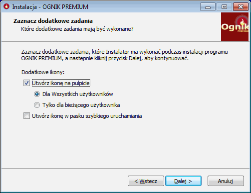 Instalacja programu Ognik Premium - opcje dodatkowe