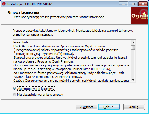 Instalacja programu Ognik Premium - umowa licencyjna
