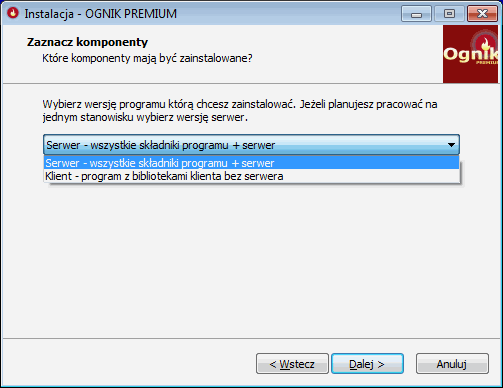 Instalacja programu Ognik Premium - rodzaj instalacji