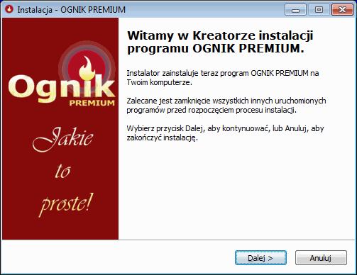 Instalacja programu Ognik Premium - okno powitalne